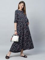 MomToBe Navy Blue Floral Printed Maternity Maxi Nursing Dress - Image 6