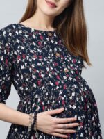 MomToBe Navy Blue Floral Printed Maternity Maxi Nursing Dress - Image 8