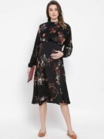 Oxolloxo Women Black Floral Printed A-Line Maternity Dress - Image 7