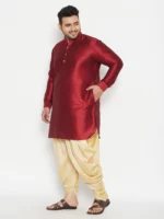 Men's Plus Size Maroon And Gold Silk Blend Kurta And Dhoti Set - Image 2