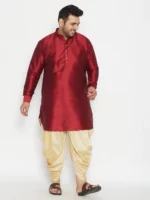 Men's Plus Size Maroon And Gold Silk Blend Kurta And Dhoti Set