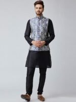 SOJANYA Men Black & Blue Self Design Kurta with Churidar & Nehru Jacket