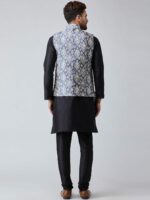 SOJANYA Men Black & Blue Self Design Kurta with Churidar & Nehru Jacket - Image 4