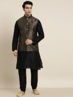 SOJANYA Men Black Solid Kurta with Churidar & Nehru Jacket