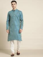 SOJANYA Men Blue & Off-White Woven Design Kurta with Churidar