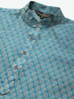 SOJANYA Men Blue & Off-White Woven Design Kurta with Churidar - Image 2