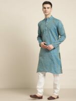 SOJANYA Men Blue & Off-White Woven Design Kurta with Churidar - Image 4