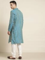 SOJANYA Men Blue & Off-White Woven Design Kurta with Churidar - Image 5