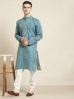 SOJANYA Men Blue & Off-White Woven Design Kurta with Churidar - Image 6