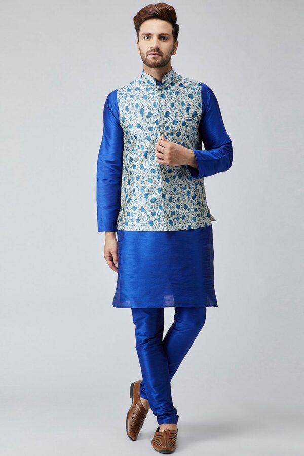 SOJANYA Men Blue & White Self Design Kurta with Churidar & Nehru Jacket
