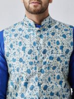 SOJANYA Men Blue & White Self Design Kurta with Churidar & Nehru Jacket - Image 2