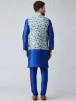 SOJANYA Men Blue & White Self Design Kurta with Churidar & Nehru Jacket - Image 4