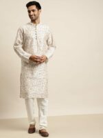 SOJANYA Men Cream-Coloured & Brown Silk Cotton Printed Regular Kurta with Churidar