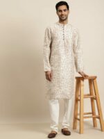 SOJANYA Men Cream-Coloured & Brown Silk Cotton Printed Regular Kurta with Churidar - Image 6