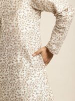 SOJANYA Men Cream-Coloured & Brown Silk Cotton Printed Regular Kurta with Churidar - Image 7