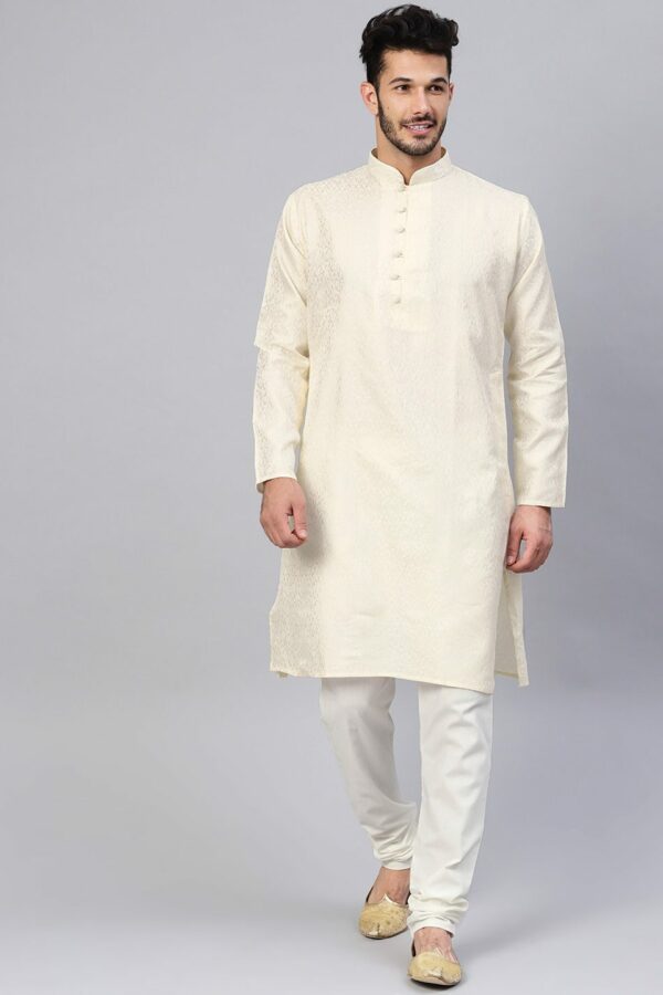 SOJANYA Men Cream-Coloured & Off-White Self Design Straight Kurta with Churidar