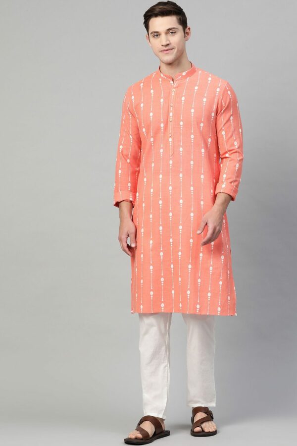 See Designs Men Peach-Coloured & White Self Design Kurta with Pyjamas