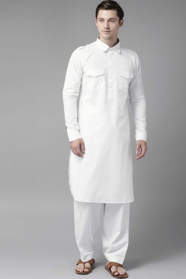 See Designs Men White Pure Cotton Solid Pathani Kurta with Salwar
