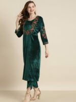 Shae by SASSAFRAS Women Teal Floral Embroidered Velvet Maternity Velvet Kurta - Image 2
