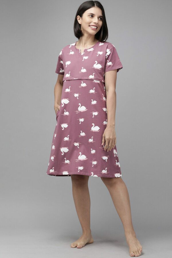 Zeyo Mauve & White Printed Cotton Maternity & Feeding Nightdress