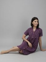 Zeyo Purple & White Printed Cotton Maternity & Feeding Nightdress - Image 5