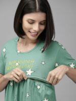 Zeyo Sea Green & White Printed Cotton Maternity & Feeding Nightdress - Image 6
