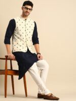 Anouk Men Beige & Blue Embroidered Nehru Jacket