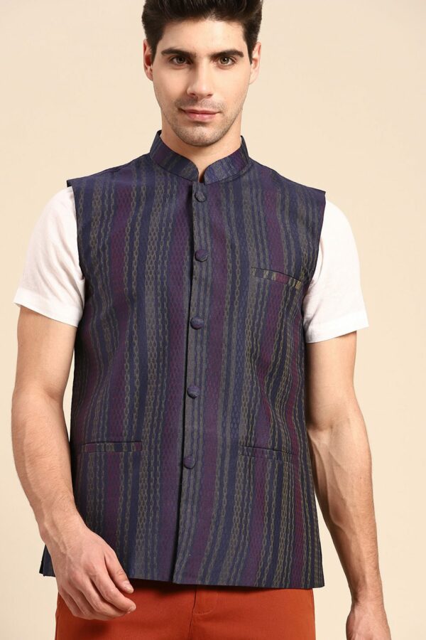 Anouk Men Navy Blue Woven Design Nehru Jacket
