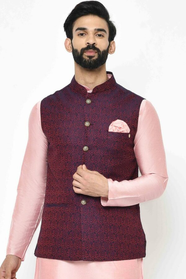 KISAH Men Violet Woven Design Nehru Jacket