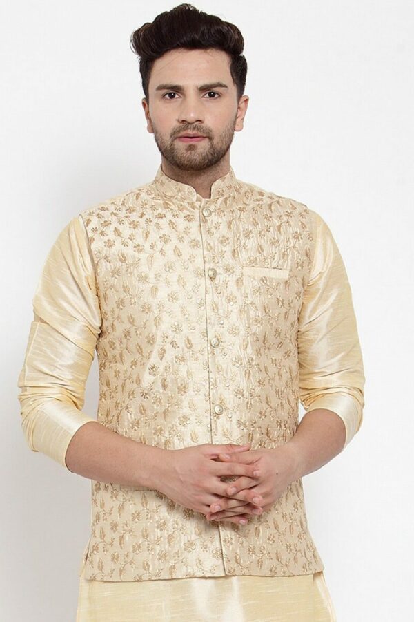 KRAFT INDIA Men Beige & Gold Silk Embroidered Nehru Jacket