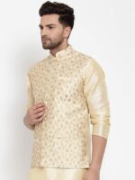 KRAFT INDIA Men Beige & Gold Silk Embroidered Nehru Jacket - Image 3