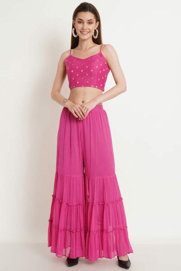 Purple State Women Pink Woven Design Top with Tiered Sharara