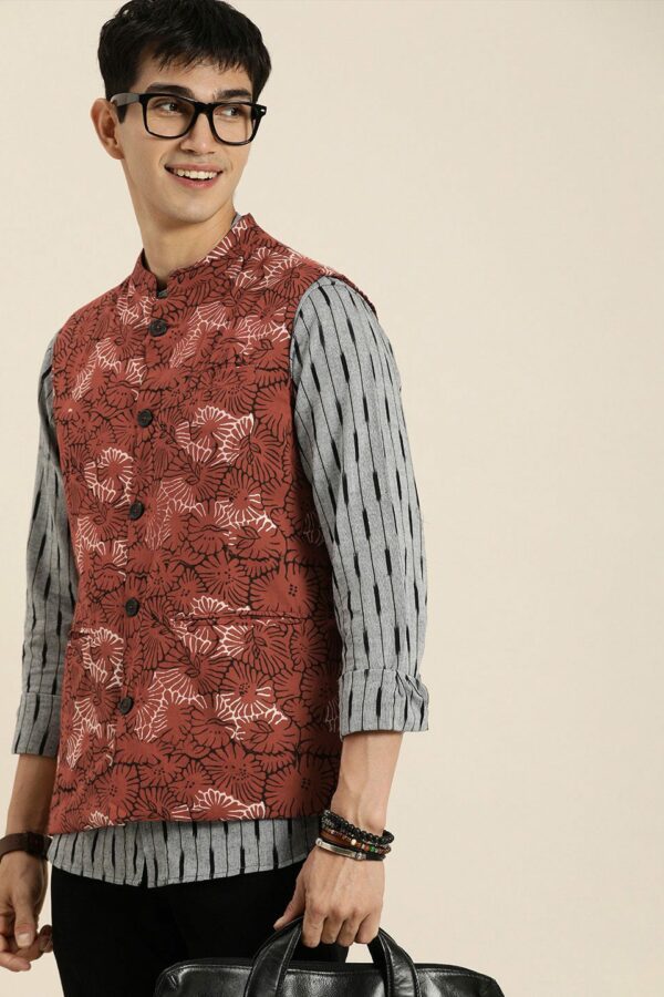 Taavi Men Rust Red & Black Bagru Fossil Print Mandarin Collar Pure Cotton Nehru Jacket