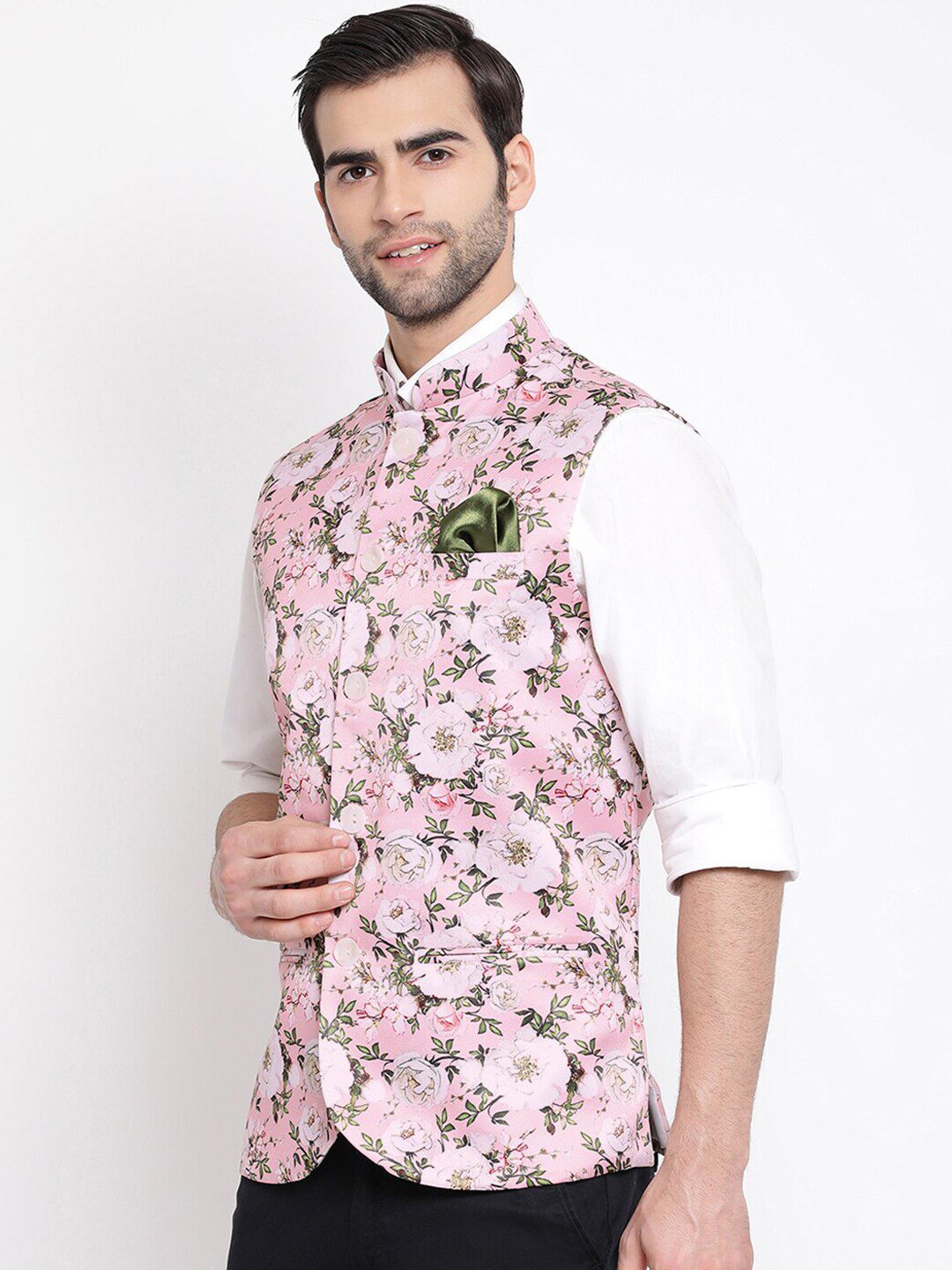 VASTRAMAY Men Pink & Green Floral Printed Nehru Jacket