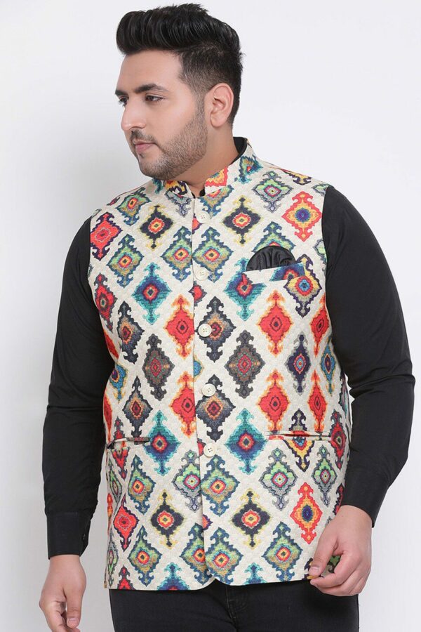hangup plus Men Cream-Coloured & Orange Woven-Design Nehru Jacket