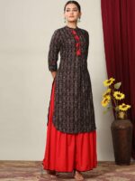 MIRAVAN Women Black Printed Empire Pure Cotton Kurta with Skirt & With Dupatta - Image 3