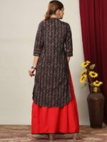 MIRAVAN Women Black Printed Empire Pure Cotton Kurta with Skirt & With Dupatta - Image 4