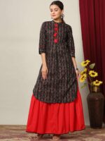 MIRAVAN Women Black Printed Empire Pure Cotton Kurta with Skirt & With Dupatta - Image 5
