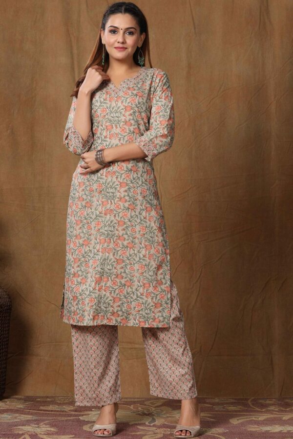 MIRAVAN Women Brown & Green Floral Printed Gotta Patti Pure Cotton Kurta with Palazzo