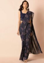 Navy Floral Foil Pre-Stitched Saree
