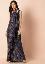 Navy Floral Foil Pre-Stitched Saree - Image 2