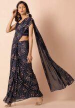 Navy Floral Foil Pre-Stitched Saree - Image 3