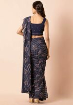 Navy Floral Foil Pre-Stitched Saree - Image 5