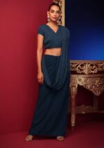 Navy Sequin Embroidered Pre-Stitched Saree - Image 2