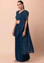 Navy Sequin Embroidered Pre-Stitched Saree - Image 4