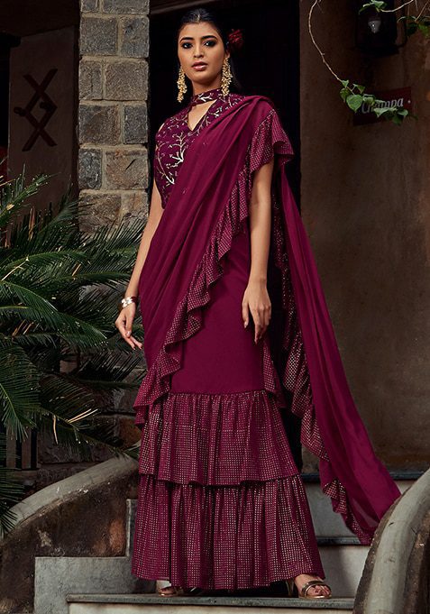 Wine Mukaish Foil Ruffled Pre-Stitched Saree