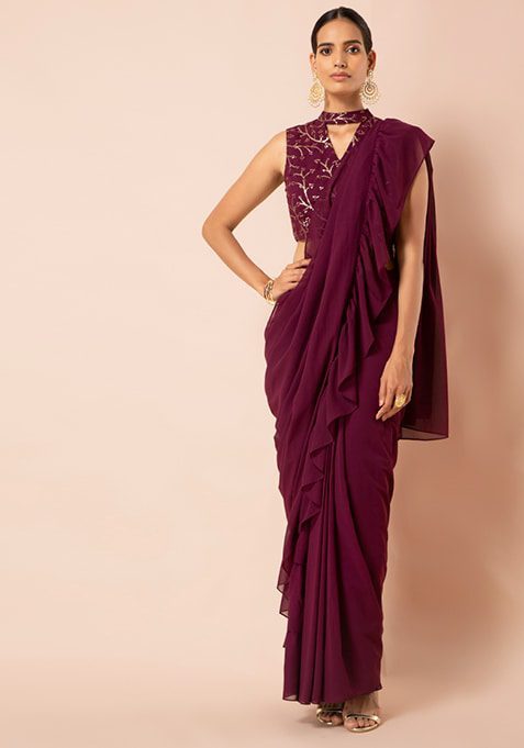 Wine Ruffled Tiered Pre-Stitched Saree