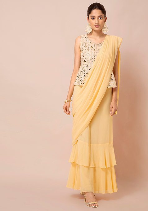 Yellow Ruffled Pre-Stitched Saree