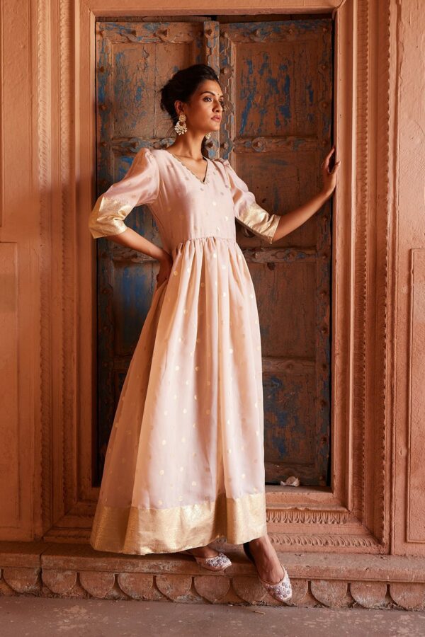 Ahalyaa Women Beige & Golden Polka Dots Print A-line Maxi Dress