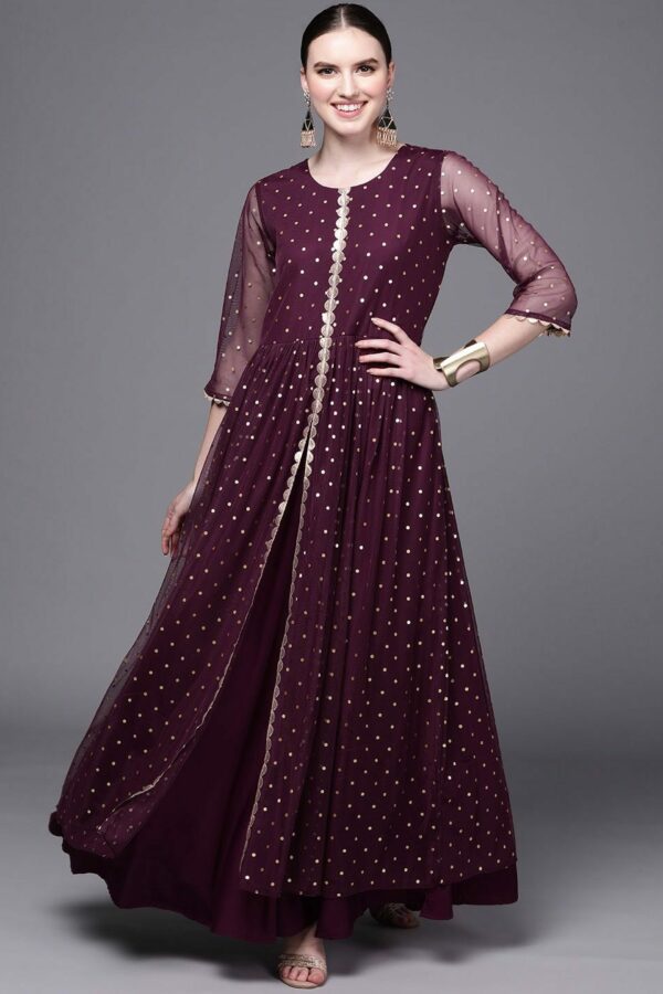 Ahalyaa Women Burgundy Polka Dots Fit & Flare Maxi Ethnic Dress